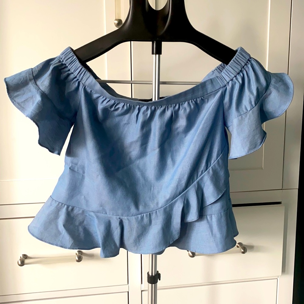 BCBG Chambray Flounce Top